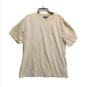 Tommy Hilfiger Men's Striped Crewneck Tee Shirt Size XL Beige White Flag‎ Logo
